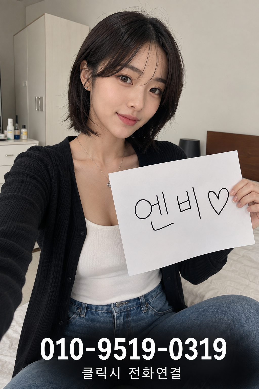 천안 유흥 이용가이드와 함께 제공되는 ENVY 브랜드 이미지 - 침실에서 엔비 손팻말을 든 블랙가디건 여성